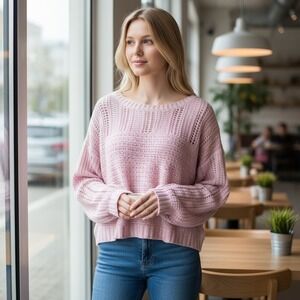 Self Contrast Sweater Size M Pink Cropped Open Knit Light Wash Cotton‎ Blend